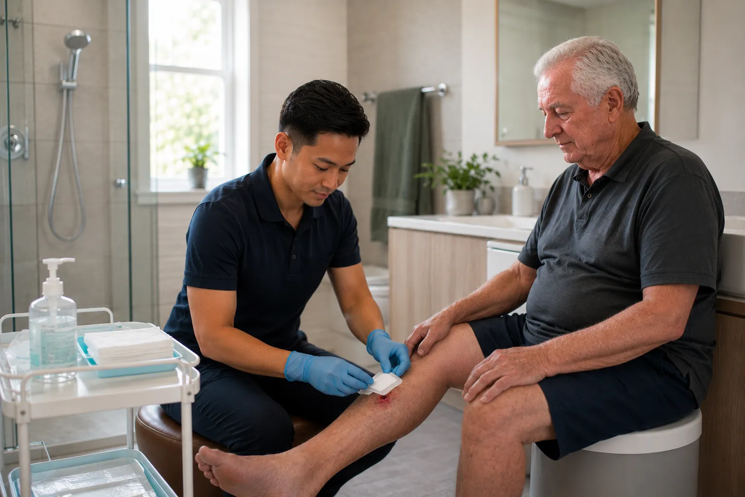 A registered nurse providing wound care in a participant's home
