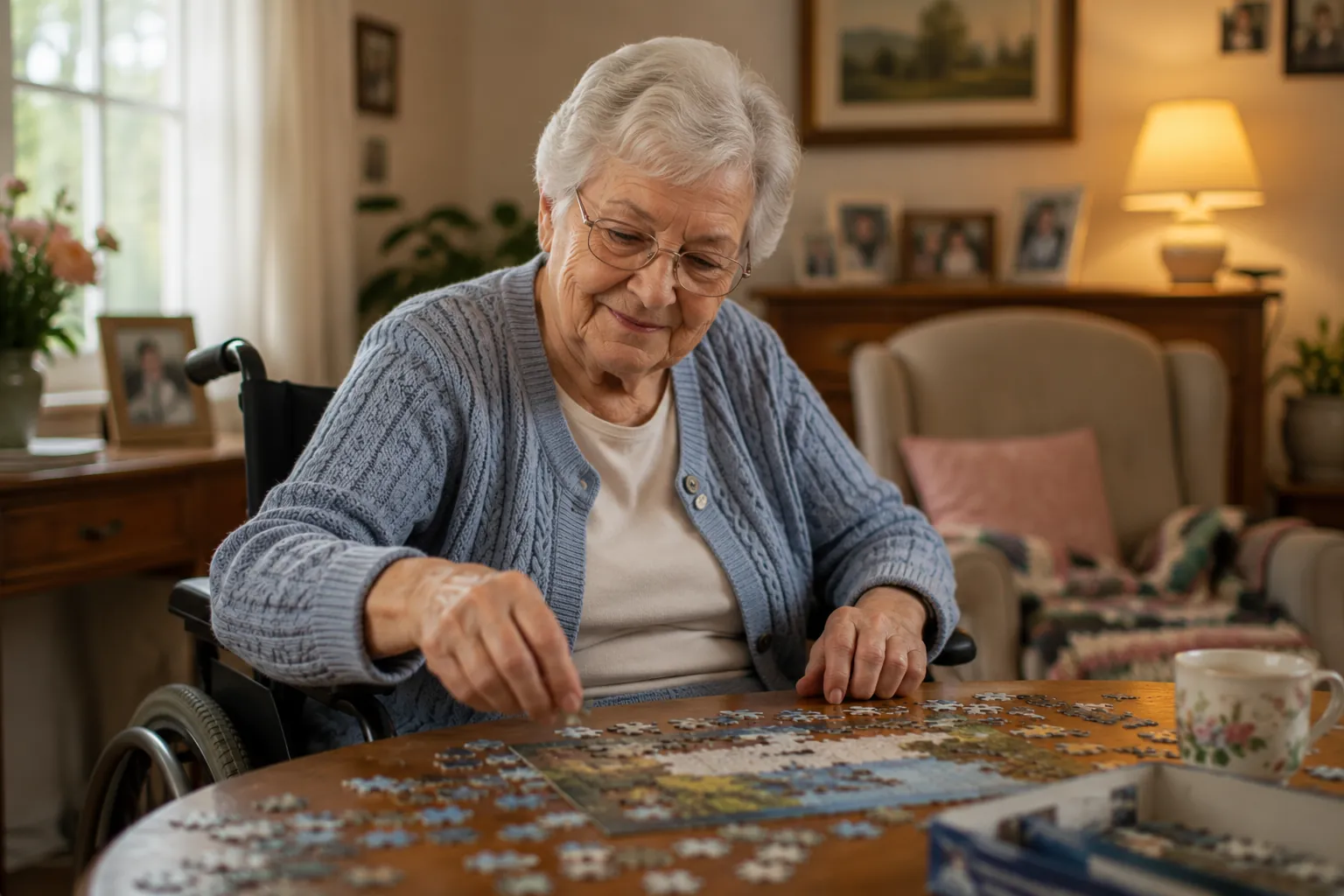 A carer sitting with a participant at home
