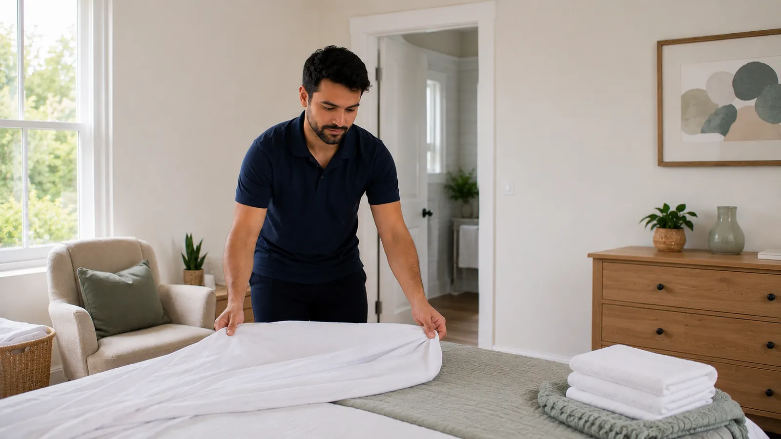 A carer preparing a bed for a returning hospital patient