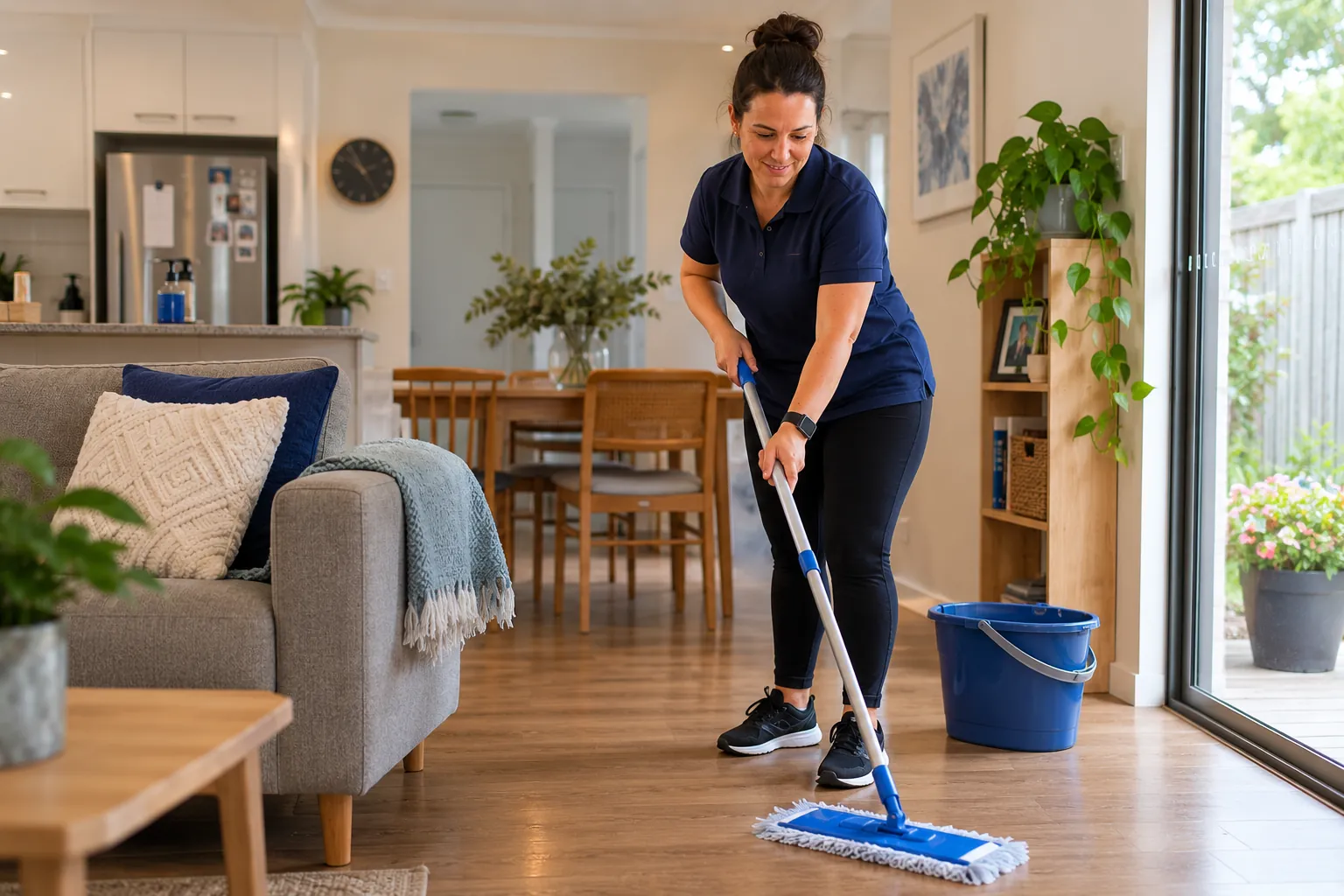A carer providing domestic cleaning support at home