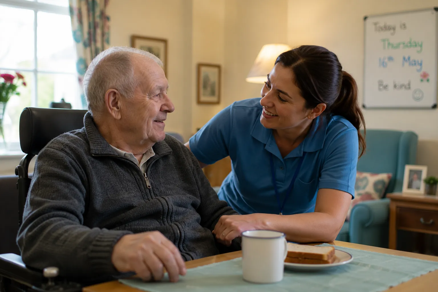 A care manager and family member talking at home
