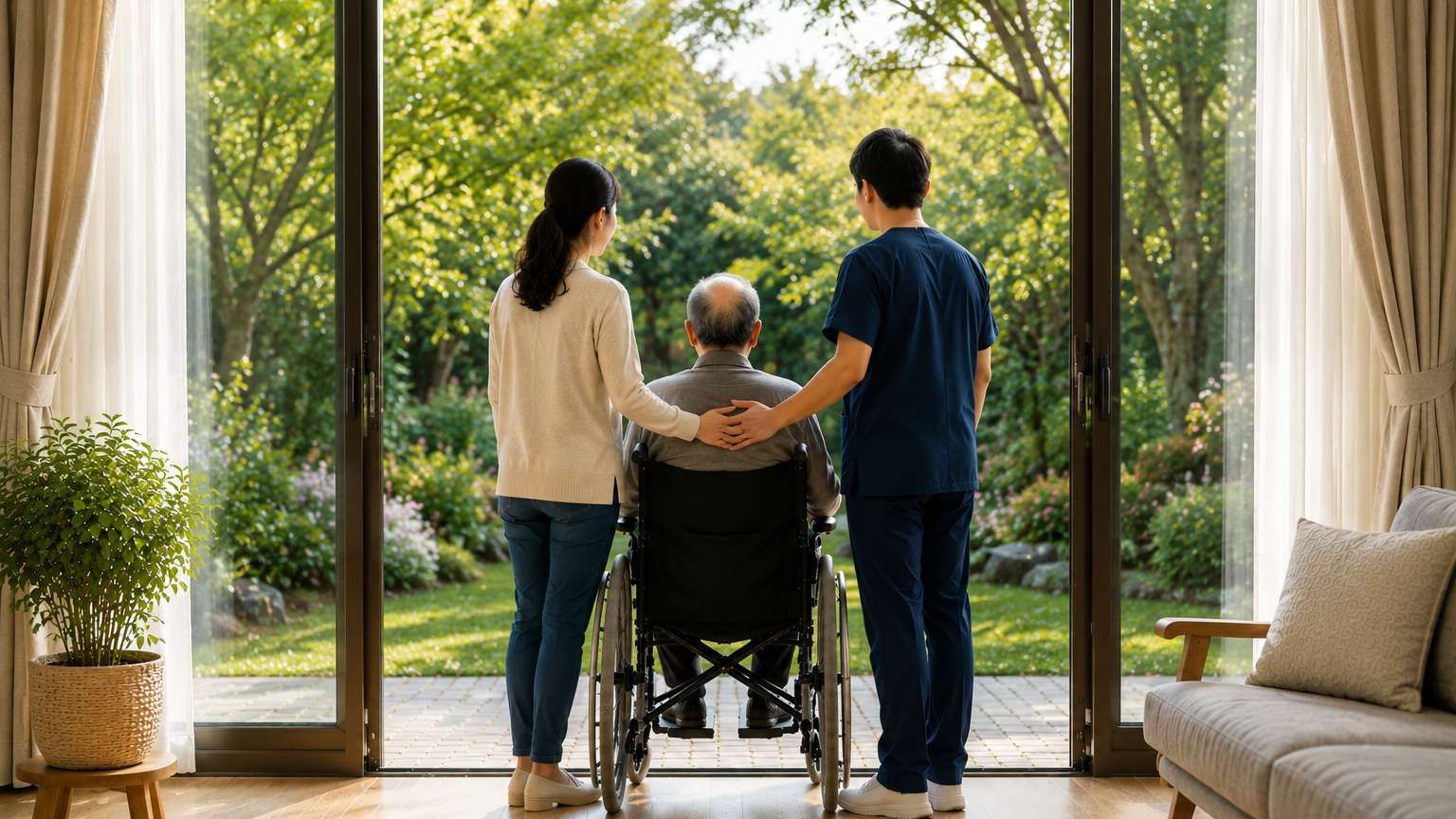 A patient and family looking out at a sunlit garden after coming home