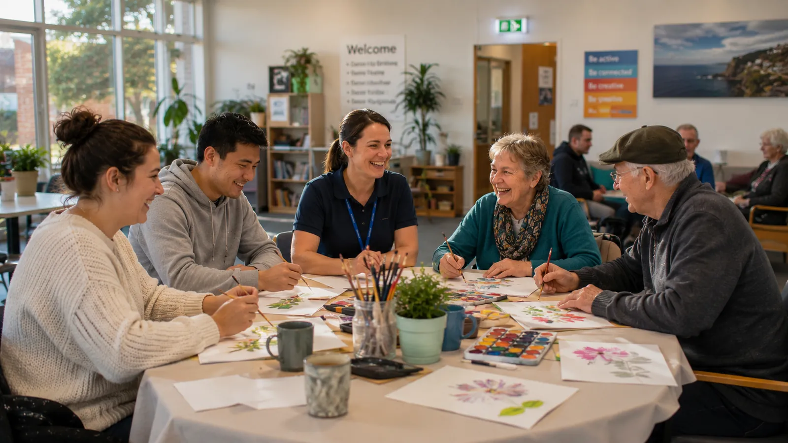 A Goldstar carer leading a creative arts group activity with participants